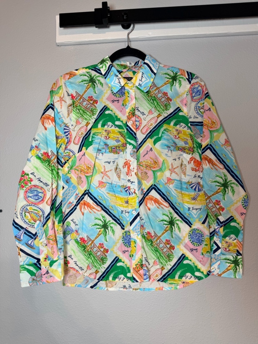 Talbots Summer Vista San Tropez Button Up Shirt Small Petite Long Sleeve